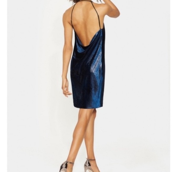 Halston Heritage Blue Velvet Metallic Shimmer Cowl Neck Strappy Back Dress 4 - Picture 2 of 16